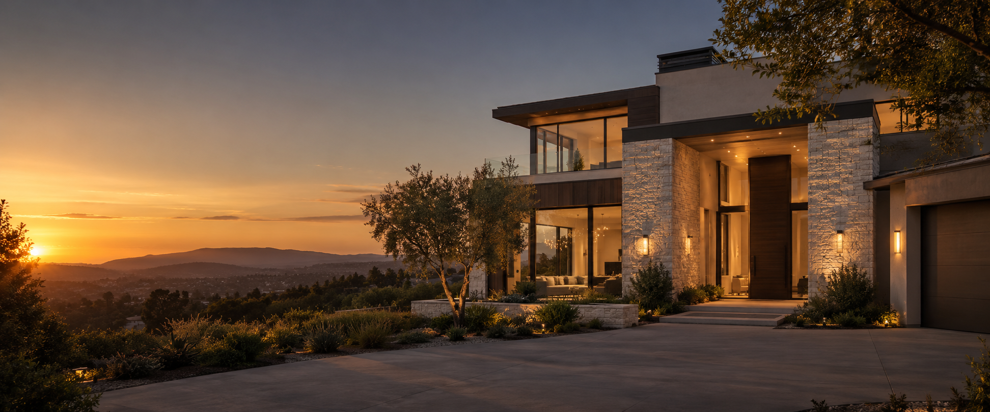 Contemporary Southern California home at sunset